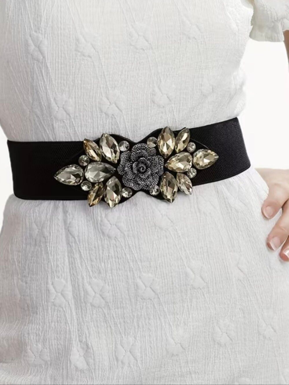 💥3/$55💥Ornate Yellow White Silver Rhinestone Black Victorian Stretch Wide Belt